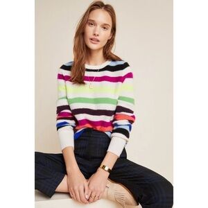 White + Warren 100% Cashmere Bold Stripe Sweater Sweatshirt in Neon Combo, Sz S